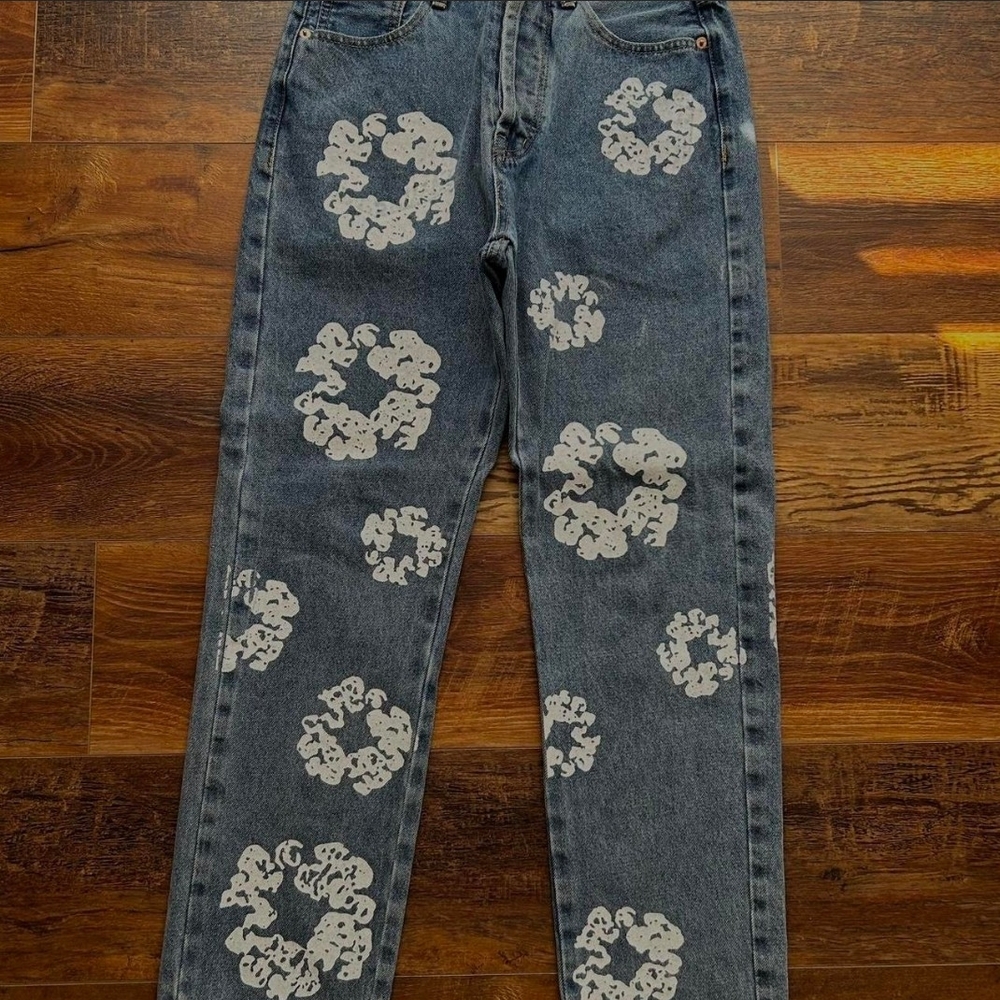 Floral Blue and White Straight Leg Jeans